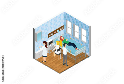 Modern Isometric Medical Hospital Bed Patient Room Isometric. Health Family Life Care Patient Disease Hospital. Suitable for Diagrams, Infographics, Game Asset, And Other Graphic Related Assets