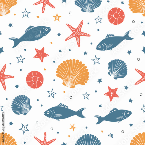 Ocean Life Seamless Pattern: Cute Marine Fish, Starfish & Seashells. Nautical Summer Background for Kids Fabric & Digital Paper.
