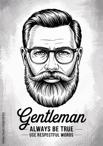 An artistic illustration of a gentleman featuring a stylish beard, glasses, and a dignified expression, exuding sophistication and timeless elegance in personality.