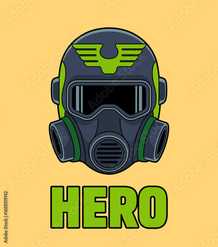 An eye-catching logo featuring a gas mask symbolizing protection and strength, complemented by the word 'HERO,' ideal for themes of resilience and power.
