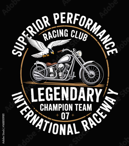 This striking illustration depicts a motorcycle with an eagle, symbolizing speed and freedom in a legendary racing club atmosphere, perfect for motorsport enthusiasts and art lovers alike.