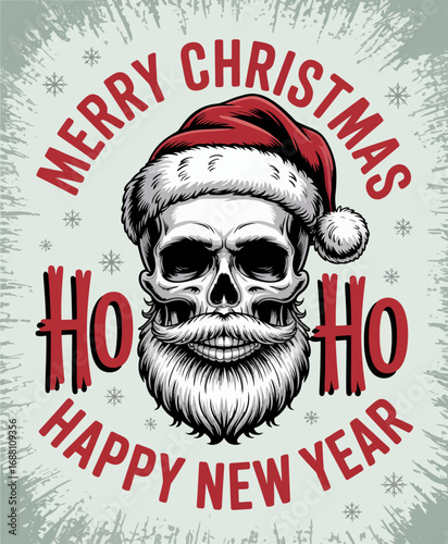 This captivating illustration combines a skull wearing a Santa hat with a festive background, evoking a unique blend of Christmas spirit and edgy design.