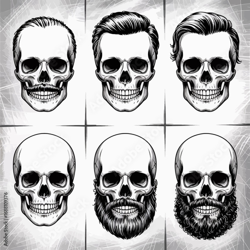 This artistic design features a series of skull illustrations that exhibit diverse hairstyles and bearded styles, showcasing a blend of creativity and cultural identity.