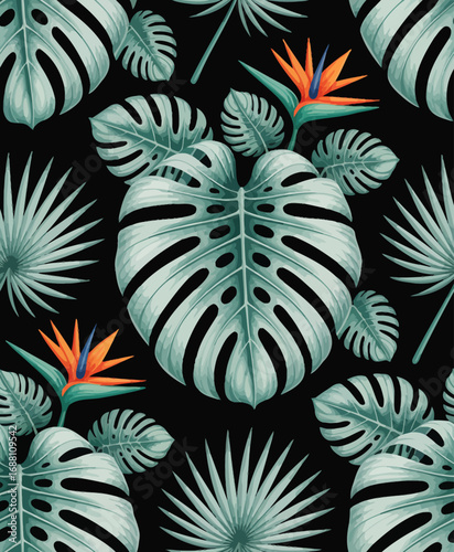 A stylized tropical pattern filled with lush foliage and bright flowers captures the essence of paradise, making it ideal for fashion and home decor enthusiasts.