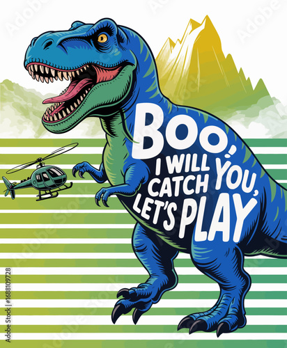 This vibrant dinosaur graphic captures the essence of adventure, playfulness, and imagination, appealing to children and fostering creative storytelling!