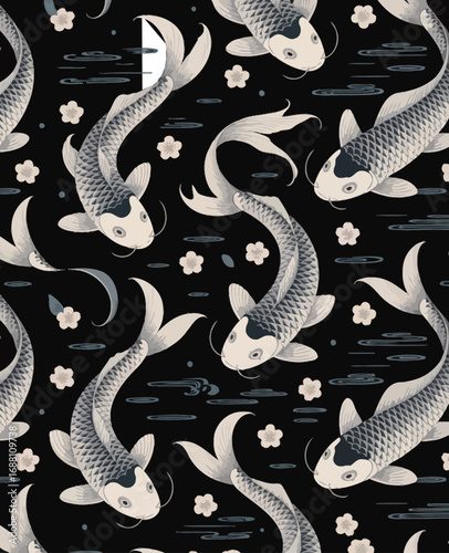 A serene and beautiful pattern of koi fish swimming amidst delicate cherry blossoms, reflecting tranquility and harmony in a visually captivating design.