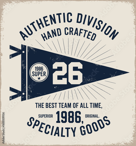 This image presents an elegant sports pennant design that highlights the iconic number 26 and the year 1986, celebrating the spirit of teamwork and competition.