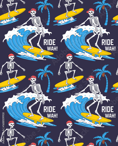 This lively design features a playful skeleton surfing on bright waves, complemented by palm trees, creating a vibrant and fun beach vibe that evokes a sense of adventure.