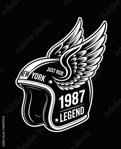 An iconic graphic design of a motorcycle helmet adorned with wings, symbolizing freedom and the thrill of riding, showcasing the spirit and adventure of motorcycle culture.