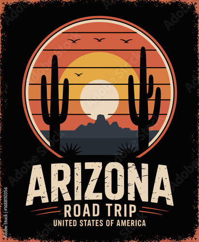 This vibrant Arizona road trip design illustrates a stunning sunset with silhouettes of cacti, embodying adventure and exploration in the iconic southwestern landscape.
