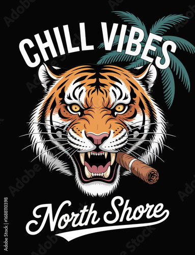 A bold tiger graphic exudes personality and power, featuring a cigar and surrounding palm leaves, making it a perfect representation of bold, chill vibes.