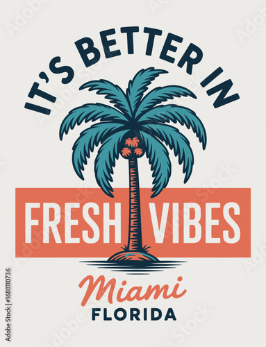An artistic representation of Miami’s fresh summer vibes, with a palm tree illustration that embodies the coastal lifestyle, spelled out with bright, bold colors.