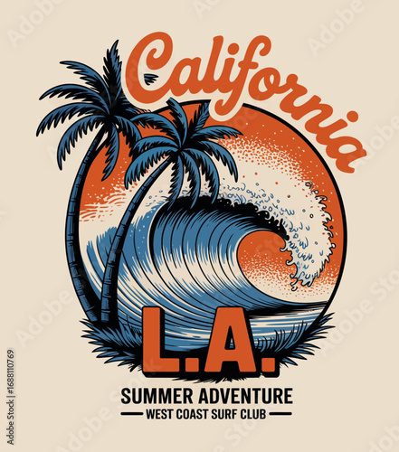 A vibrant representation of California surf culture, featuring palm trees and a powerful wave, perfect for depicting summer adventures in Los Angeles. Ideal for travel promotions.