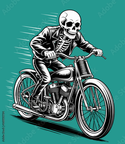 A skeleton dressed in leather zooms through the streets on a classic motorcycle, capturing a sense of speed, freedom, and the thrill of the ride in a unique art style.
