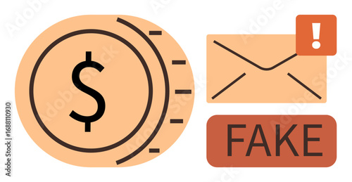 Dollar coin, envelope with alert icon, and FAKE text highlight financial scams, fraud awareness, phishing risks, cybersecurity, online safety, email scams, and monetary threats in simple flat