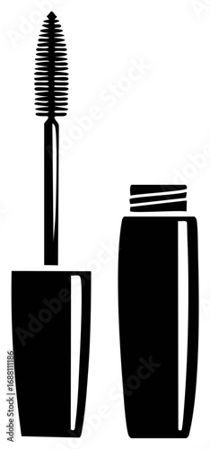 Simple black silhouette icon of an open mascara tube with a detailed brush wand for eye makeup