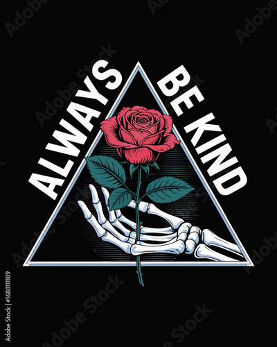 This artistically designed image depicts a skeleton hand delicately holding a vibrant rose, emphasizing the powerful message of kindness and compassion amidst life’s fragility.