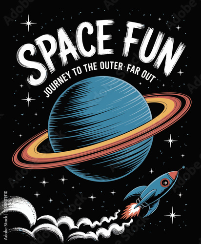 An engaging graphic featuring a blue planet with rings, a rocket zooming through space, and stars, representing adventure and the thrill of outer space exploration.