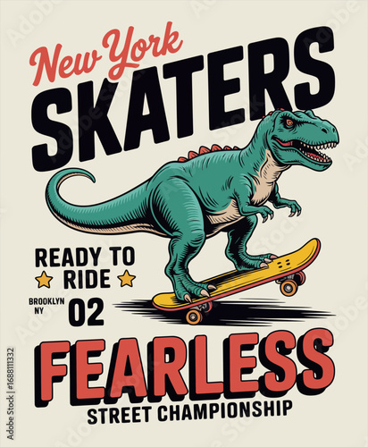 A vibrant image features a T-Rex skating on a skateboard, showcasing the fun and energy of the New York Skaters Fearless Street Championship in Brooklyn, NY.