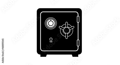 Black and White Illustration of a Secure Metal Safe with Dial and Handle.