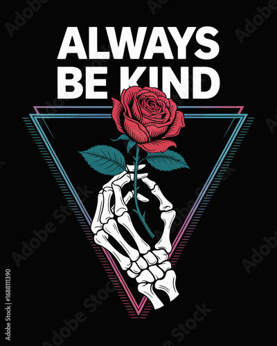 An evocative representation of a skeleton hand grasping a beautiful rose, this image artistically communicates the importance of kindness and compassion in a visually striking manner.