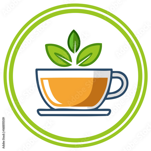 Logo icon featuring a cup of herbal tea, green leaves, and a vibrant circular frame design.
