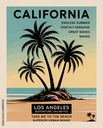 An inviting image showcases a tranquil California beach oasis featuring iconic palm trees and gentle waves, perfect for representing summer vibes and coastal retreats.
