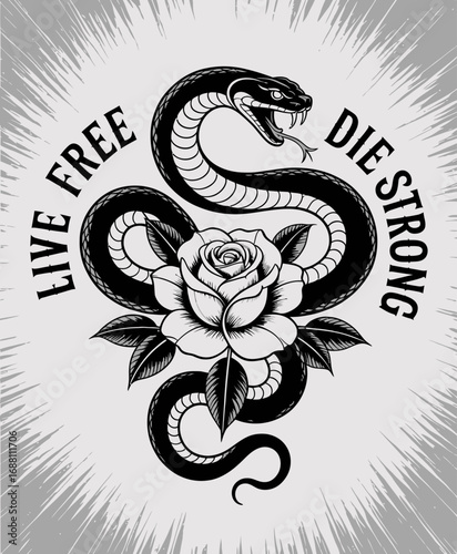 This intricate tattoo design showcases a snake wrapping around a rose, accompanied by bold text that conveys strength, freedom, and individuality.