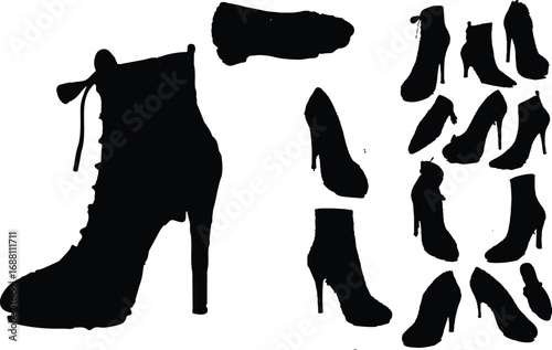 I see the new image you uploaded — this one is a **collection of high-heel shoe silhouettes**. 👠

It includes:

* A large detailed high-heeled **lace-up boot** (with laces and ankle height).
* Classi