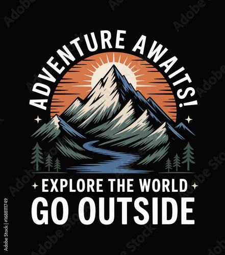 A stunning mountain landscape illustration invites adventurers to explore the world and enjoy the beauty of nature. The vibrant colors and elements create an inspiring ambiance.