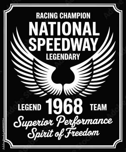 This graphic emphasizes bold wings representing speed and freedom, highlighting the legendary racing champion spirit from the national speedway scene in 1968.