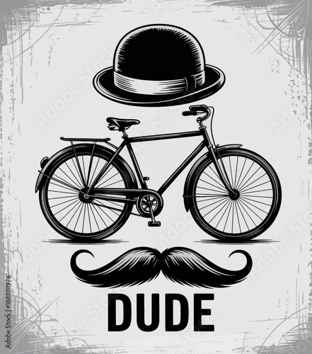 A classic bicycle illustration featuring a stylish top hat and mustache, designed artistically in black-and-white to represent coolness and charm.