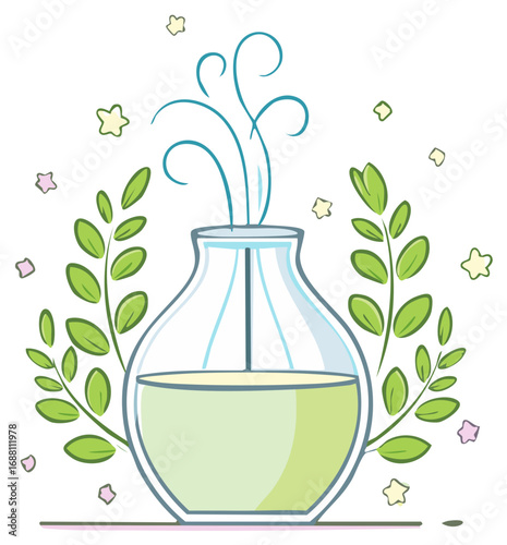 Aromatic Perfume Bottle with Green Branches and Floating Stars