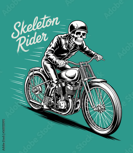 This artwork showcases a skeleton in a stylish jacket riding a vintage motorcycle, representing freedom, thrill, and the adventurous spirit of biker culture and lifestyle.