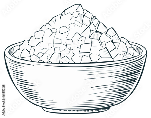 Hand drawn bowl of coarse sea salt crystals in a vintage engraving sketch style