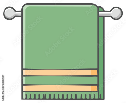 Cartoon illustration of a green towel hanging on a chrome towel rack for bathroom decor