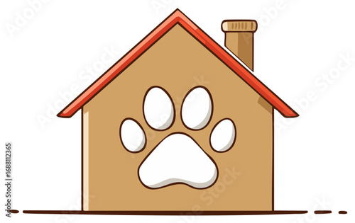 Cartoon illustration of a dog house with a paw print symbol on its facade