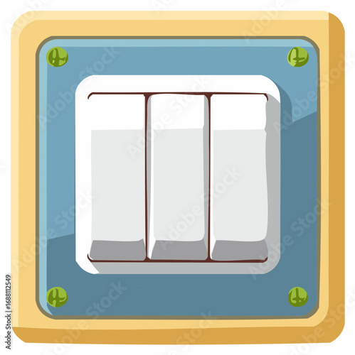 Illustration of a triple light switch with blue backing and a yellow frame secured with four green screws