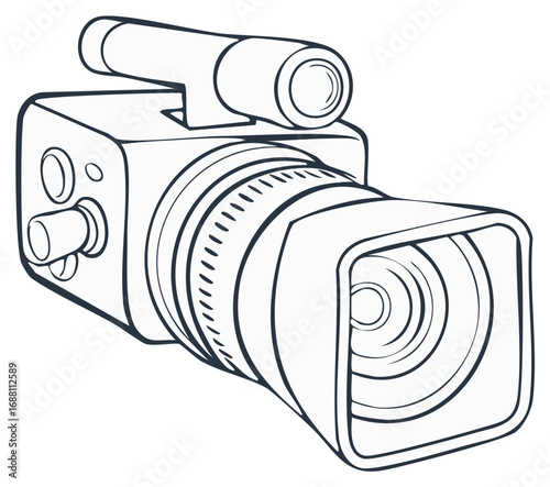 Black and white sketch of a professional video camera with a large lens and microphone