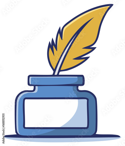 Illustration of a yellow quill pen in a blue inkwell on a white background