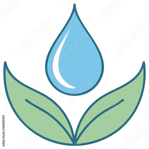 Water drop and leaves illustration, eco symbol. Concept for environment protection and natural resources.