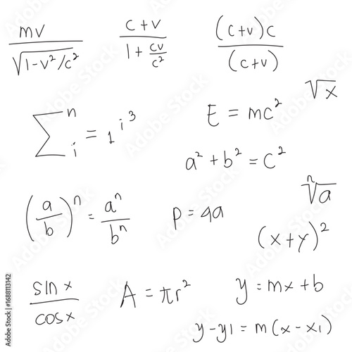 Vector illustration of various mathematical formulas and equations including algebra, geometry, trigonometry, calculus, and physics.  perfect for educational materials, school worksheets.