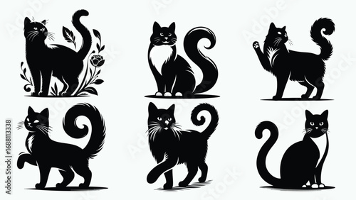 Collection of six black cat illustrations in silhouette