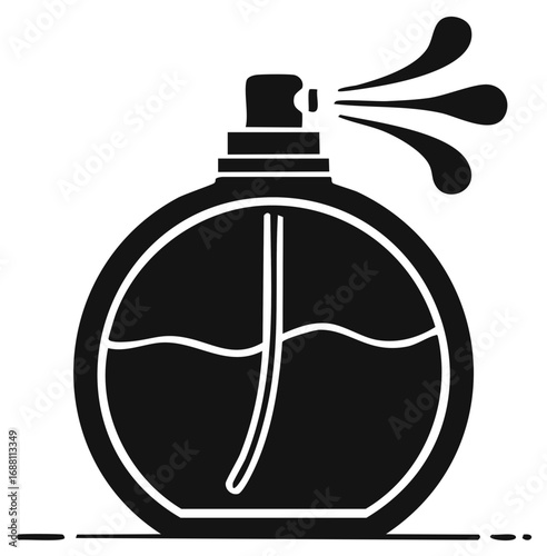 Bold black and white graphic icon of a perfume bottle actively spraying fragrance mist