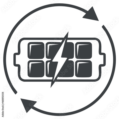 Rechargeable battery icon with lightning bolt symbolizing energy and circular arrows indicating cycles