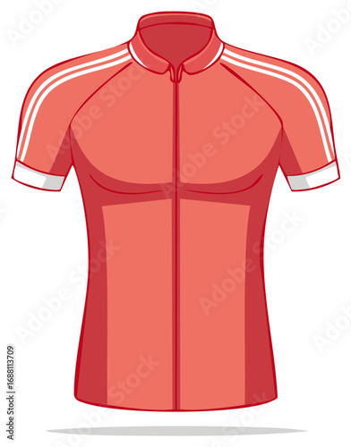 Red sports jersey with white stripes on shoulders and sleeves, isolated