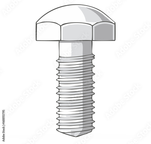 Detailed Illustration of a Metal Bolt with Hex Head and Threaded Shank