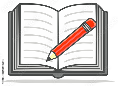 Open book illustration with blank pages and a red pencil, perfect for education, writing, or creative projects involving reading and studying
