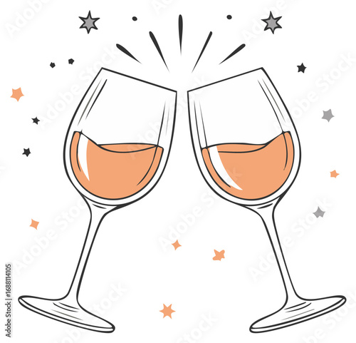 Two glasses of rose wine clinking together with celebratory stars and sparkles