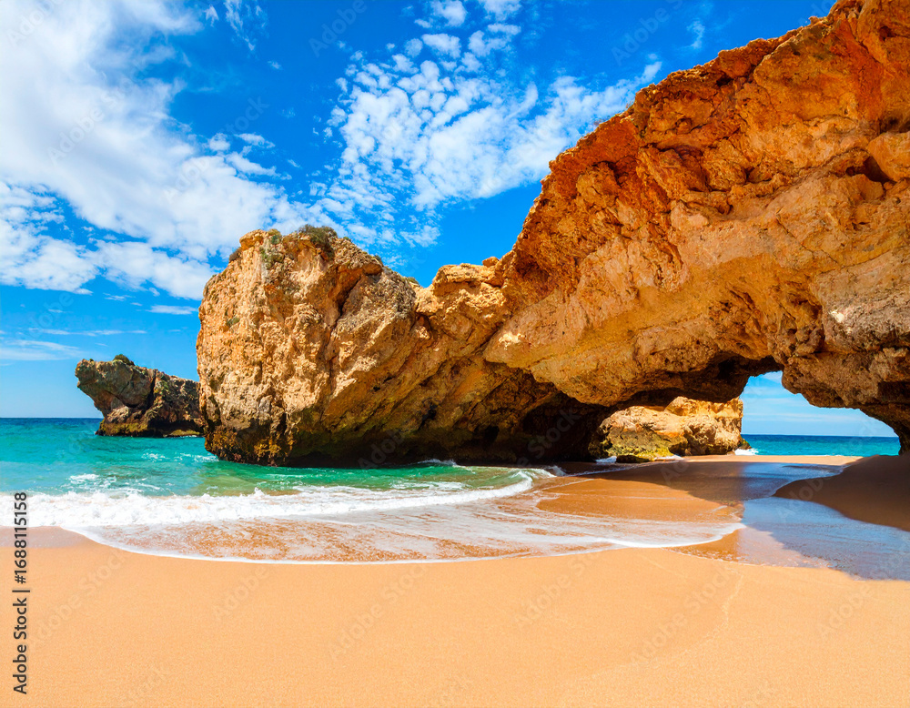 Fototapeta premium Hermoso paisaje de una roca curva que cae a la orilla del mar.